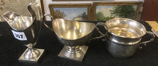 Silver cream jug, porringer and two handled bowl